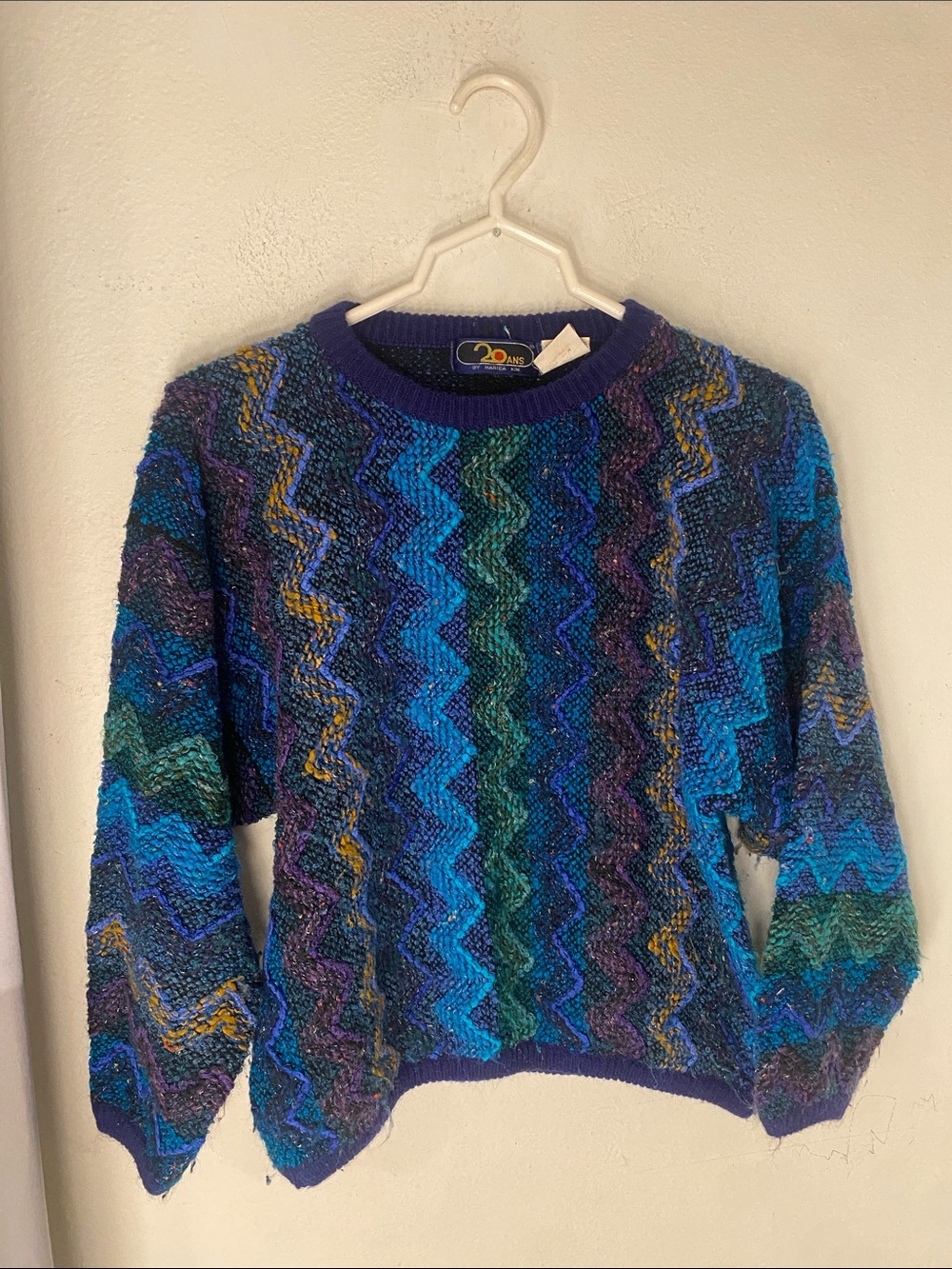 Vintage Multicolor Chevron Knit Sweater - Blues, Green, Purple, Gold Accent